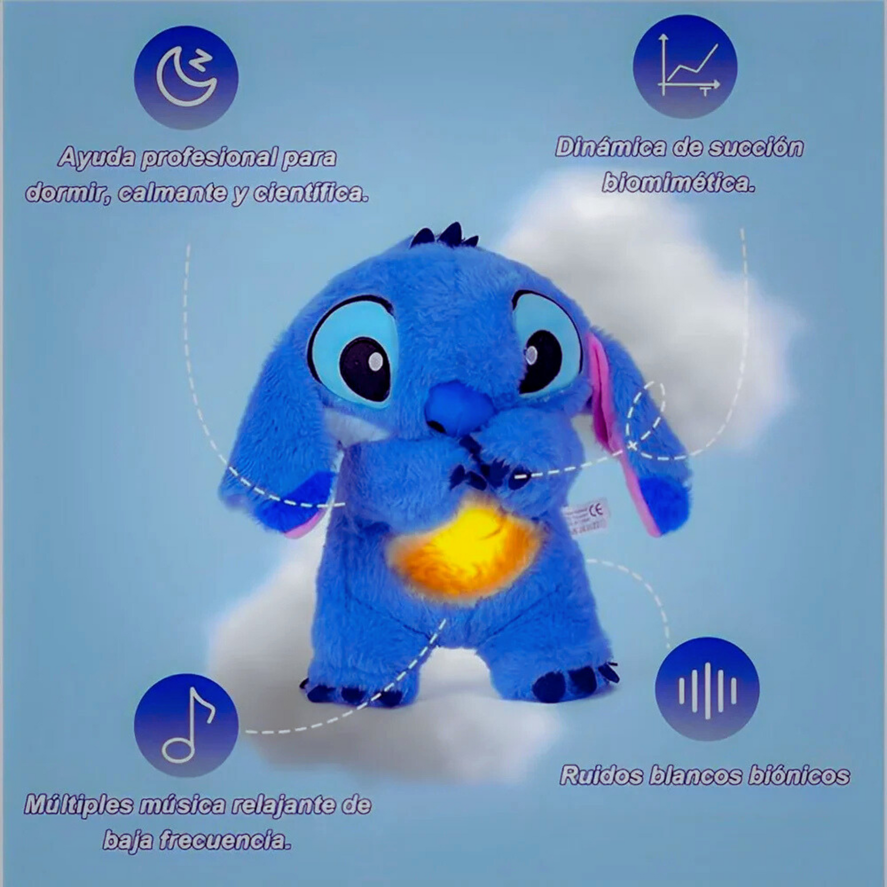 Blue plush toy with glowing heart on a light blue background